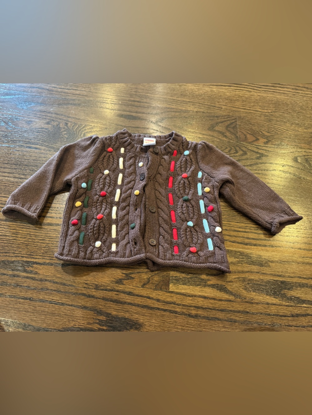 Gymboree Brown Knit Cardigan with Multicolored Pom-Pom Accents